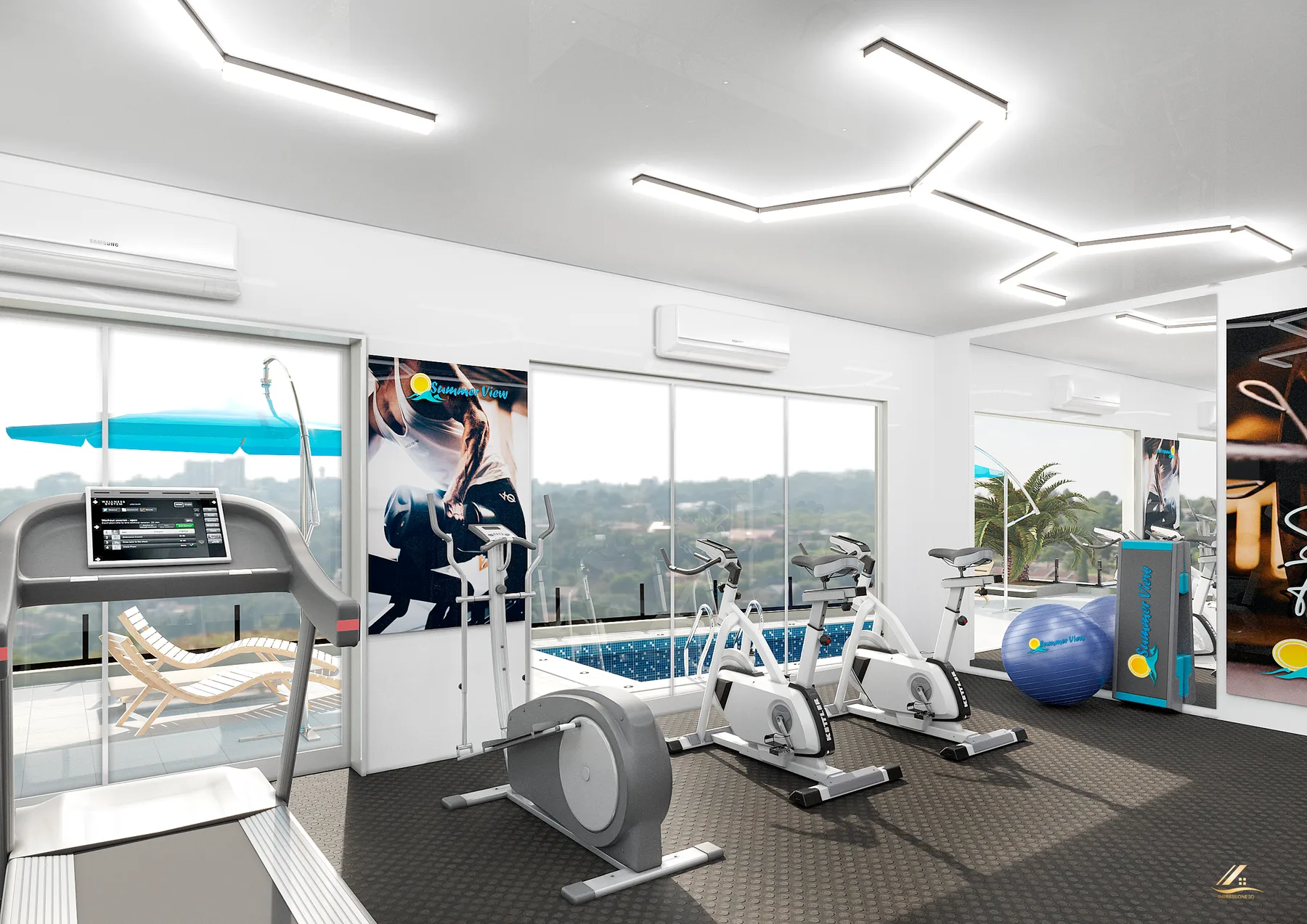 Academia com vista para a piscina