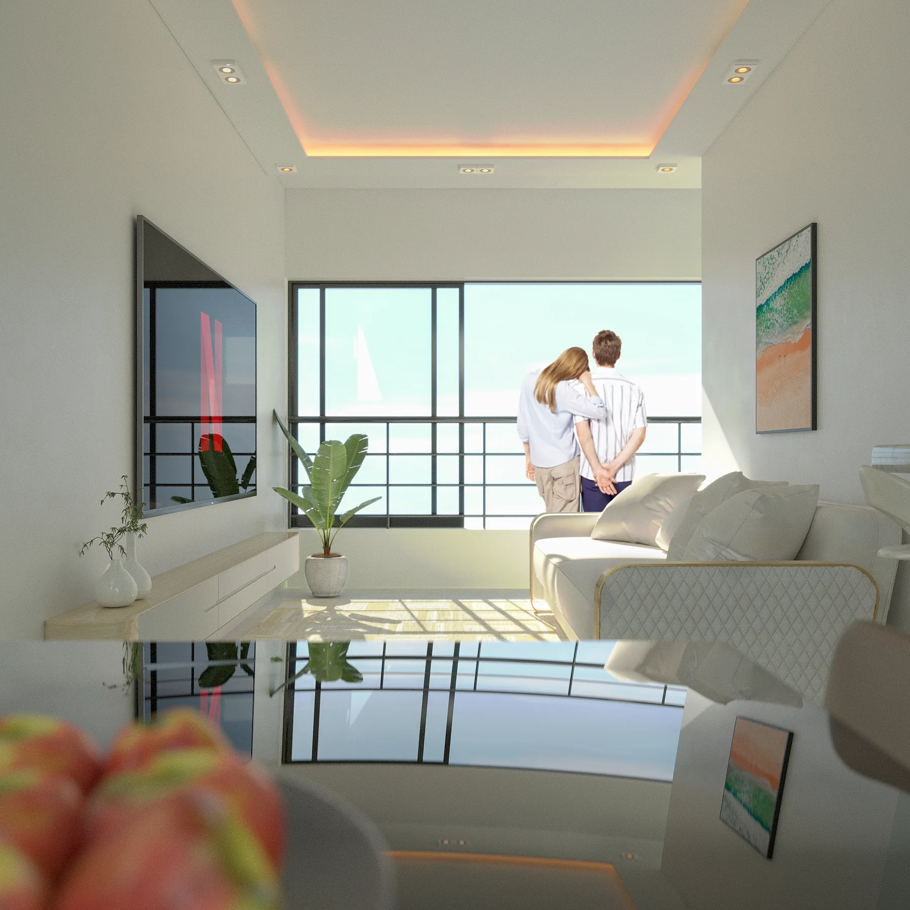 Living integrado com vista para o mar