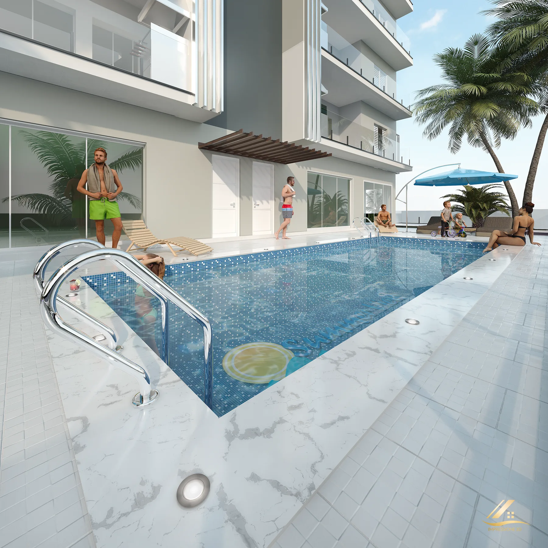Piscina com deck e espreguiçadeiras