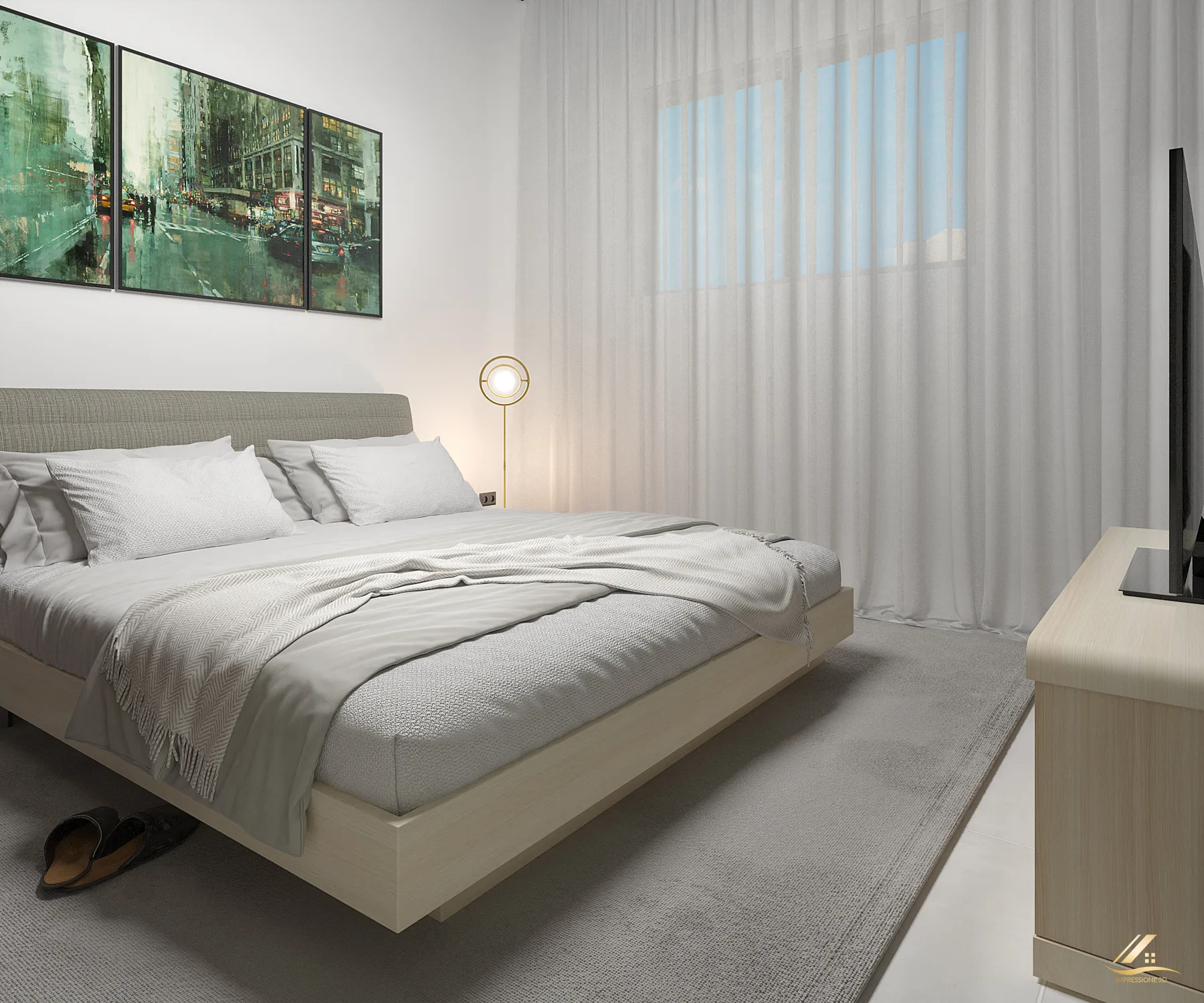 Suíte com cama de casal e cortinas leves