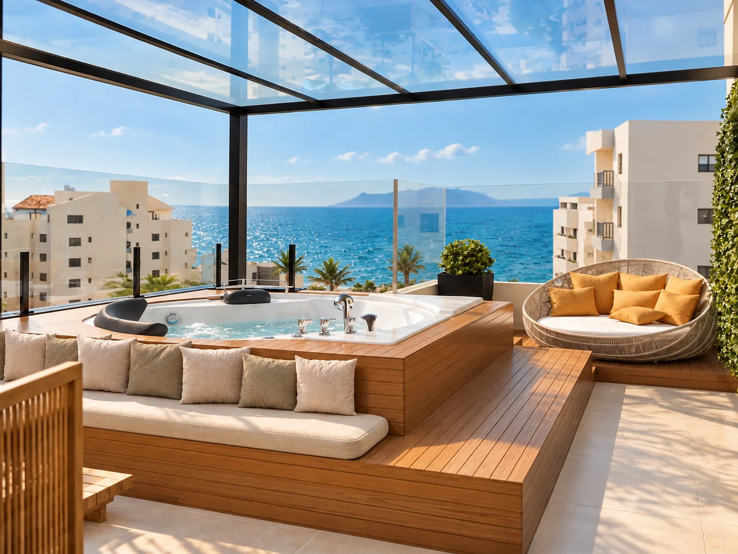 Terraço da cobertura com jacuzzi e vista para o mar