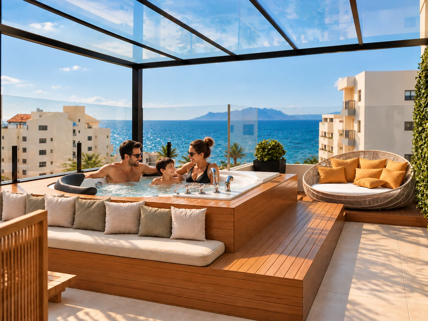 Família na jacuzzi do terraço da cobertura, com vista para o mar